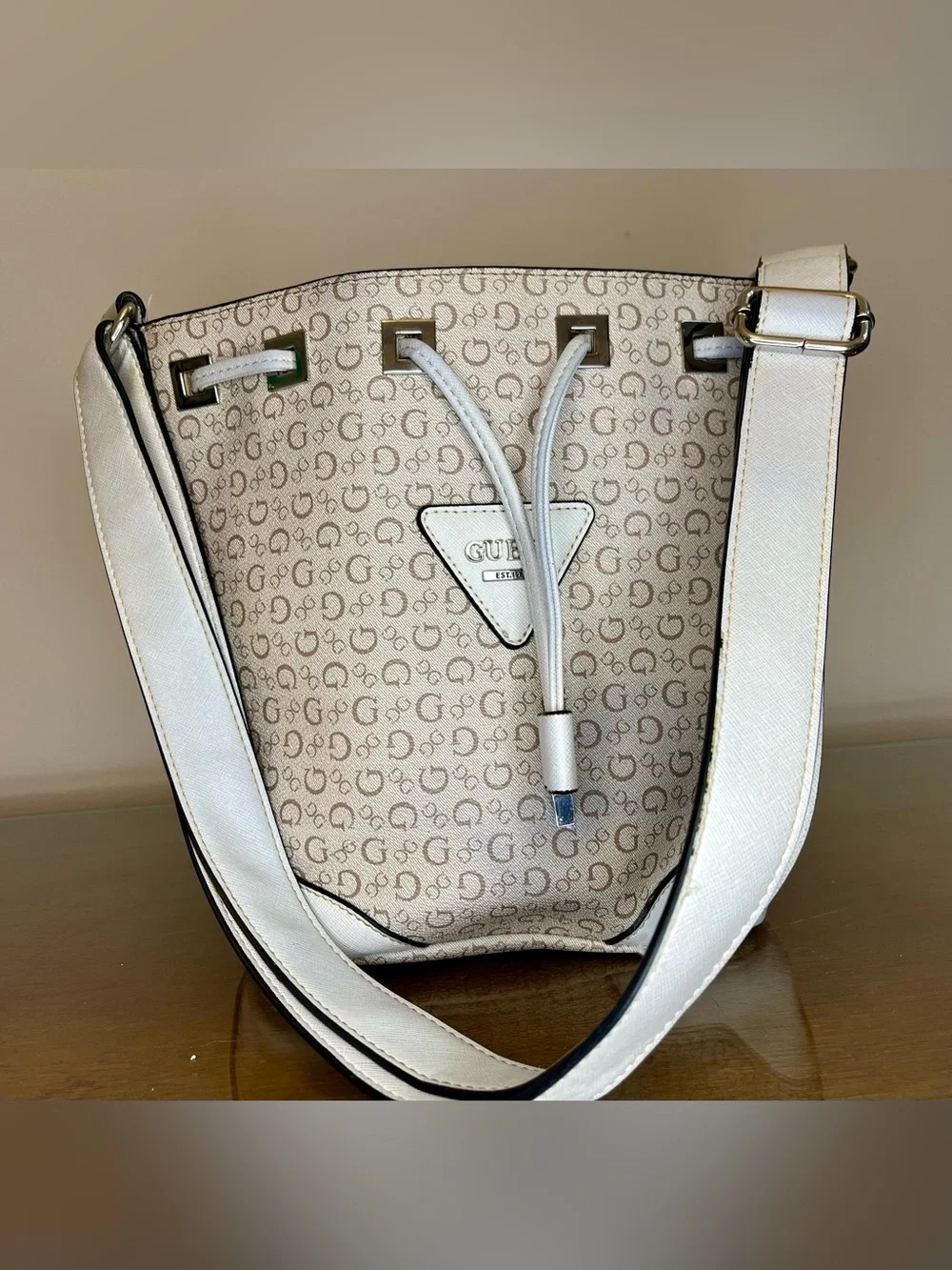 Guess Small Crossbody Bucket Bag, Monogram, Signature, Ivory, Coated, Adjustable